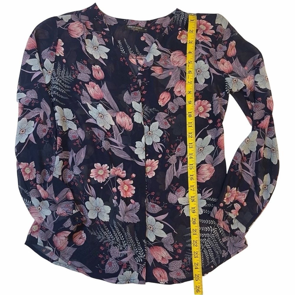 Urban Coco Semi-Sheer Navy Floral Print Blouse Women’s Medium Boho - Picture 10 of 10